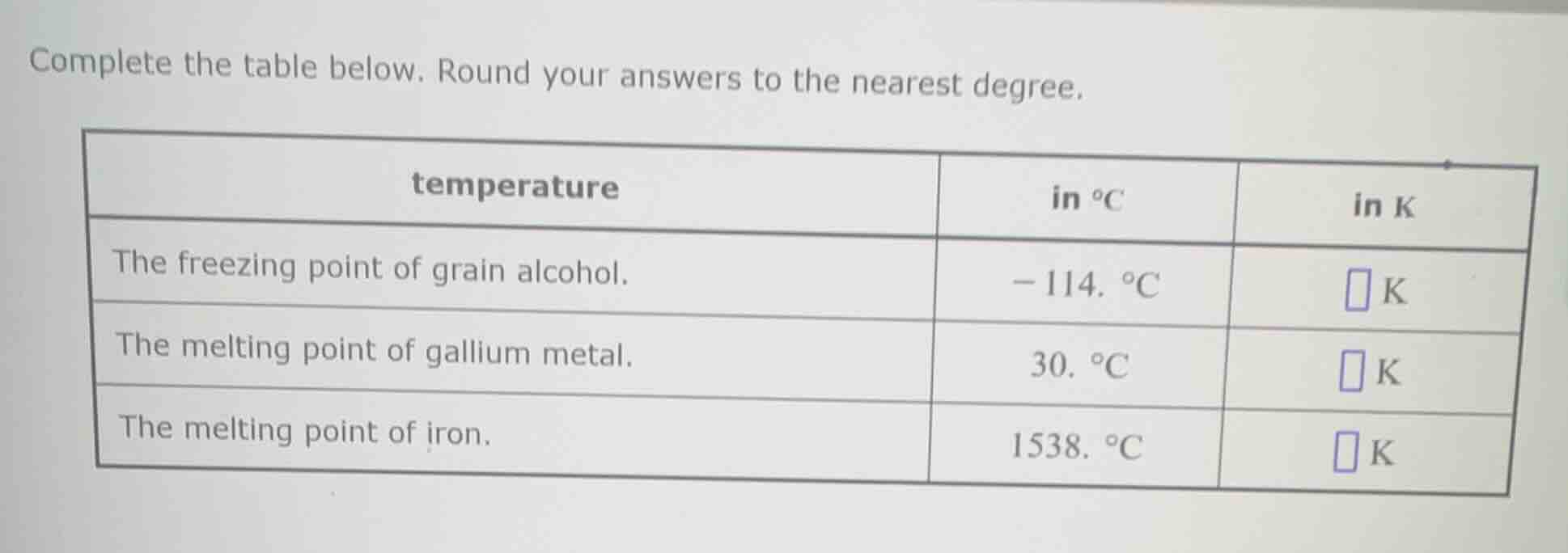 complete the table below. round your answers to the nearest degree. tem…