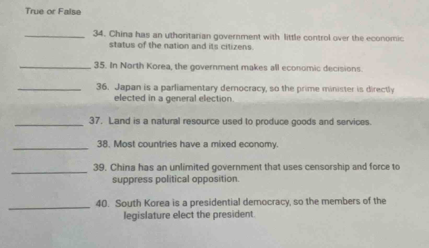 true or false 34. china has an uthoritarian government with little cont…