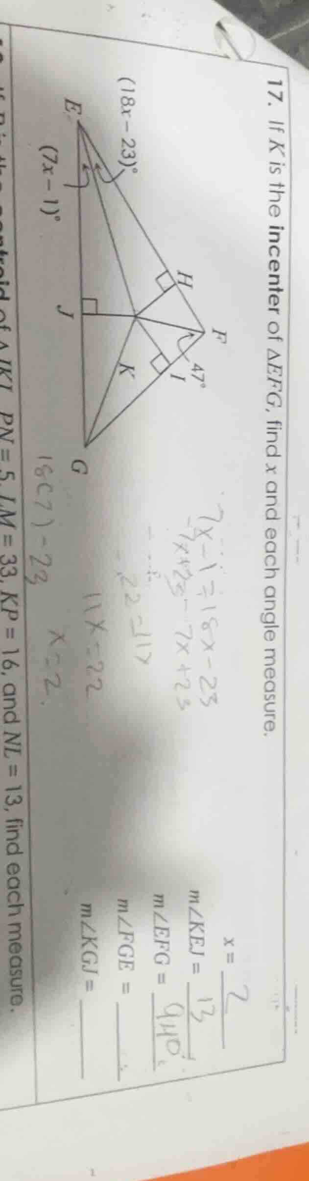 17. if ( k ) is the incenter of ( \triangle efg ), find ( x ) and each …
