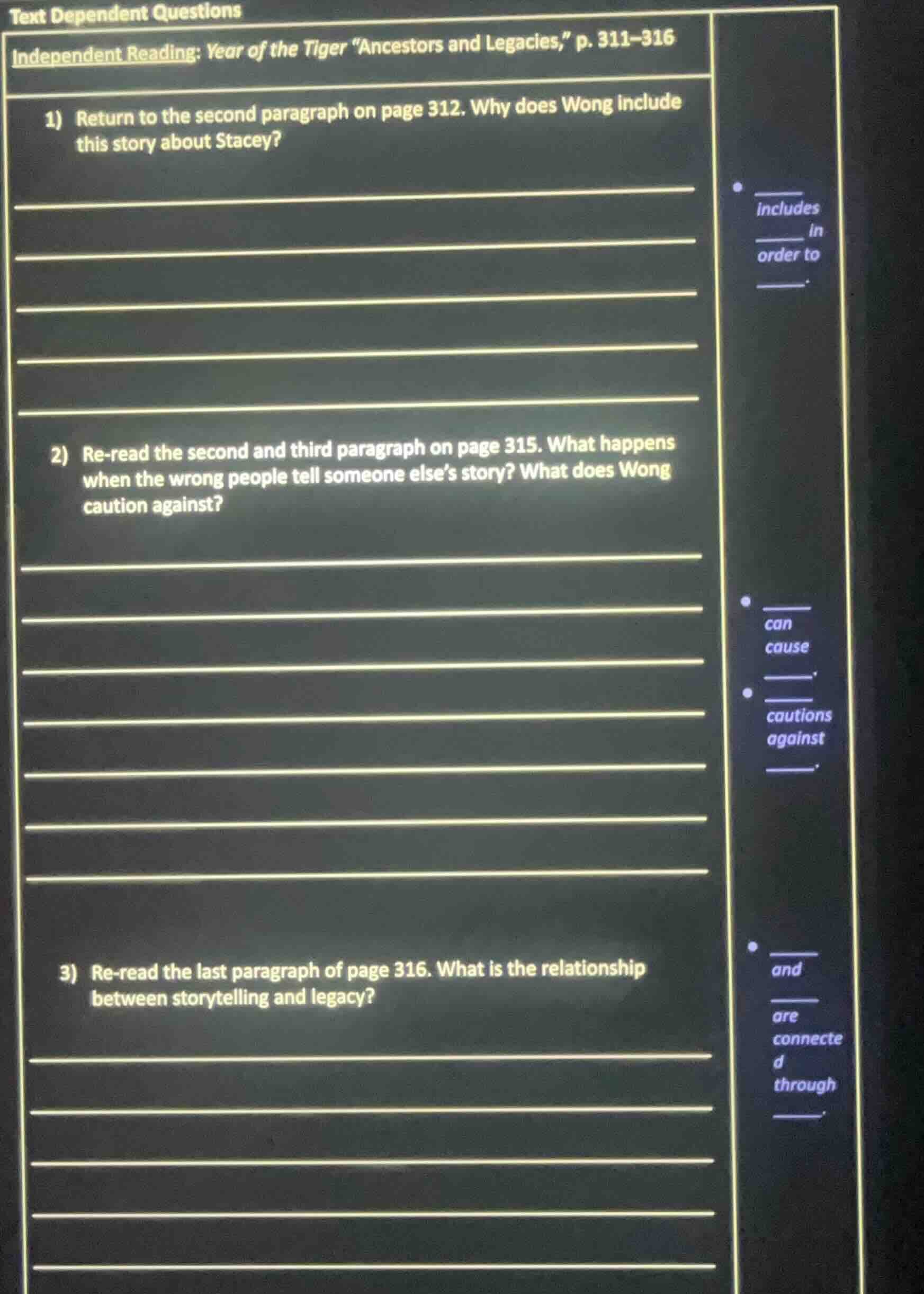 text dependent questions independent reading: year of the tiger \ancest…