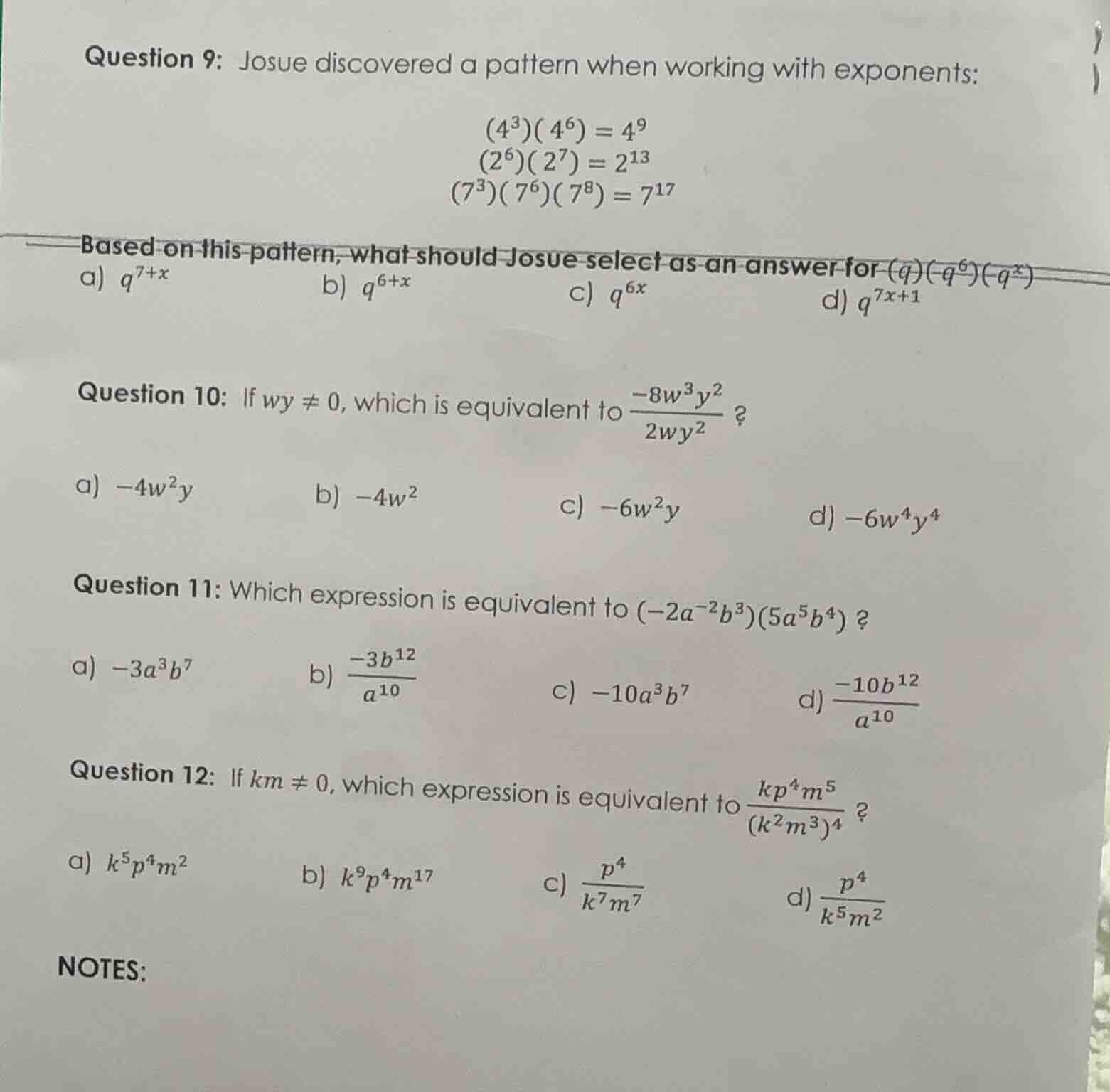question 9: josue discovered a pattern when working with exponents: $(4…