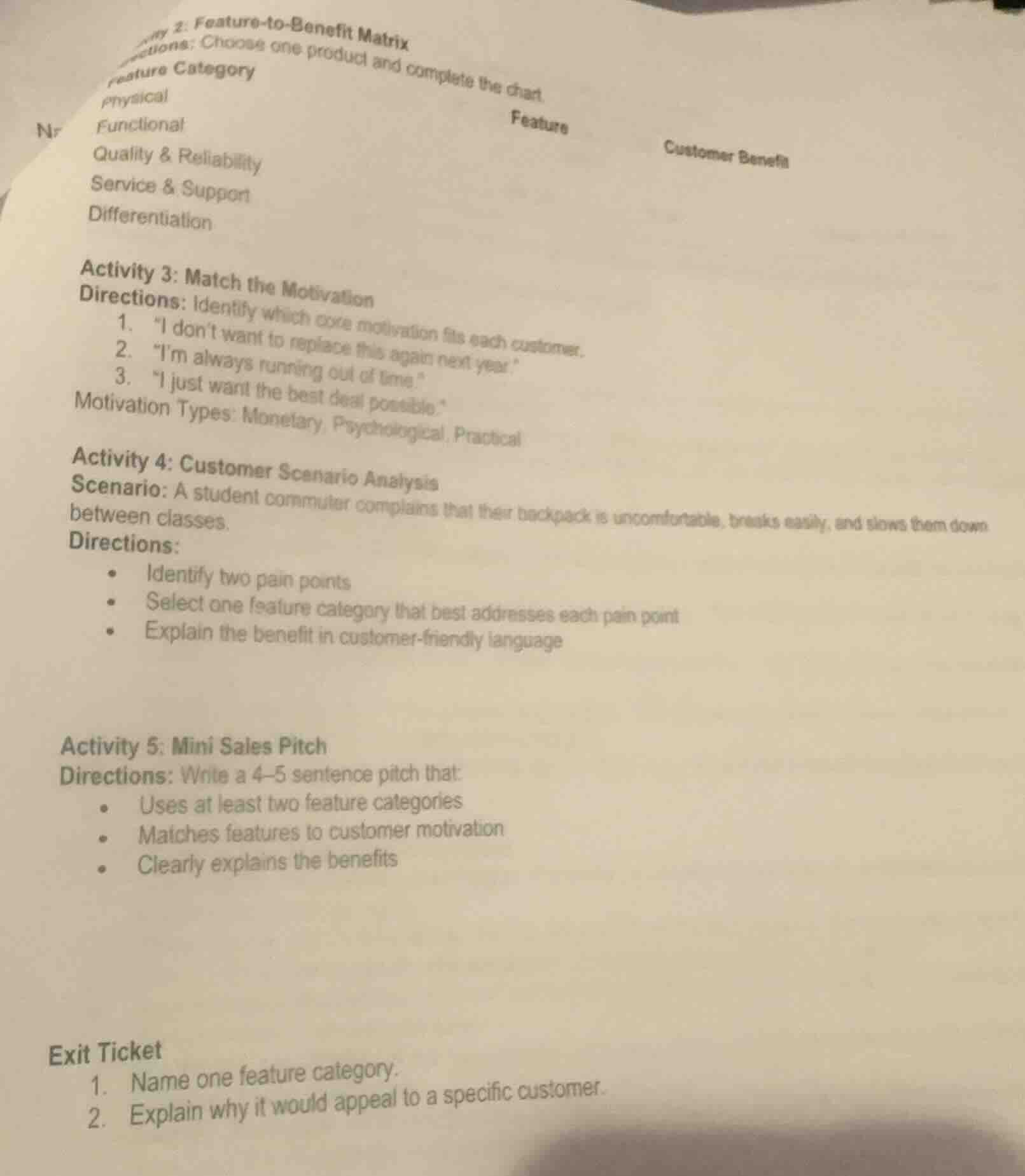 my 2: feature - to - benefit matrix ctions: choose one product and comp…