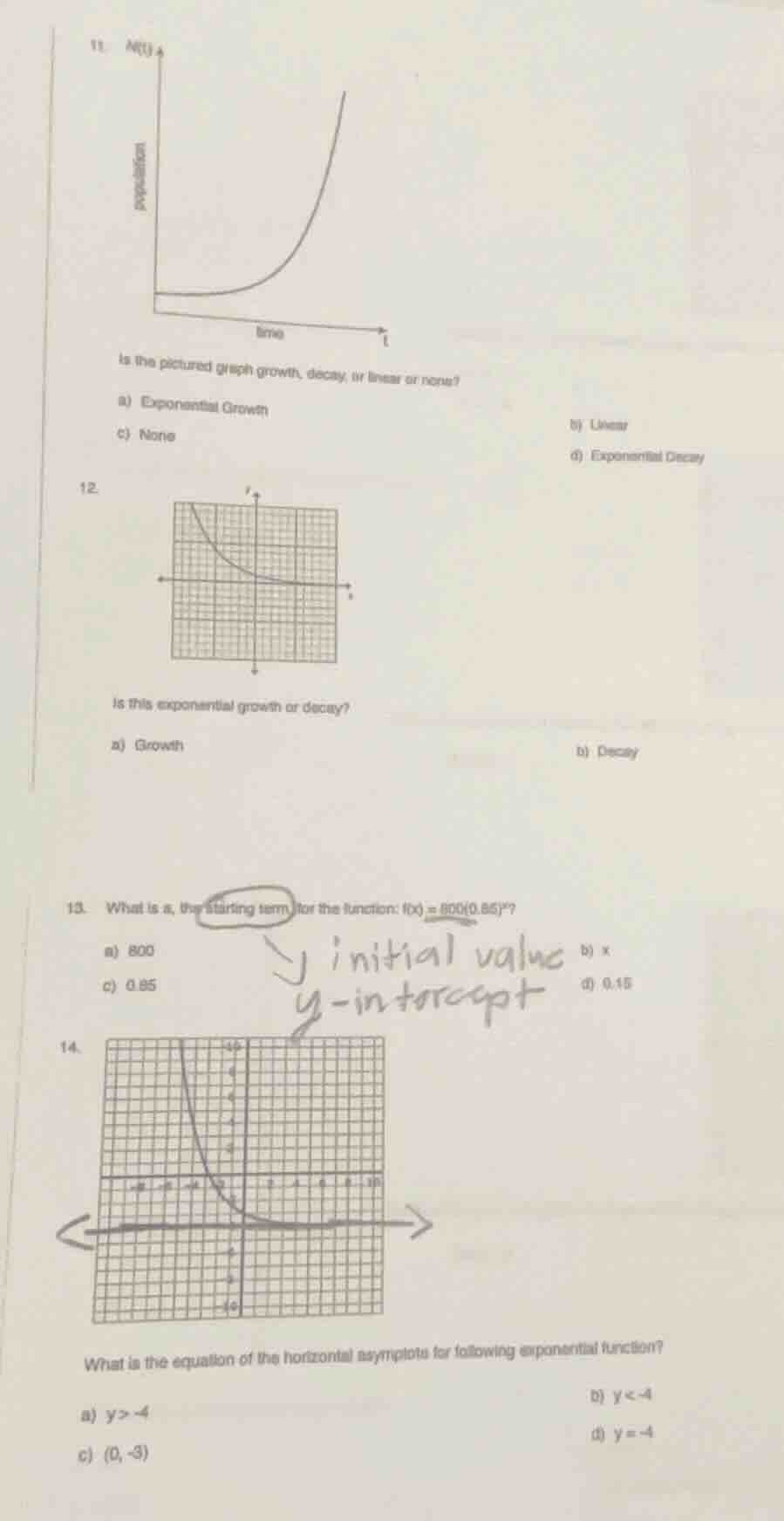 11. is the pictured graph growth, decay, or linear or none? a) exponent…