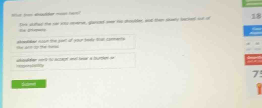 what does shoulder mean here? dirk shifted the car into reverse, glance…