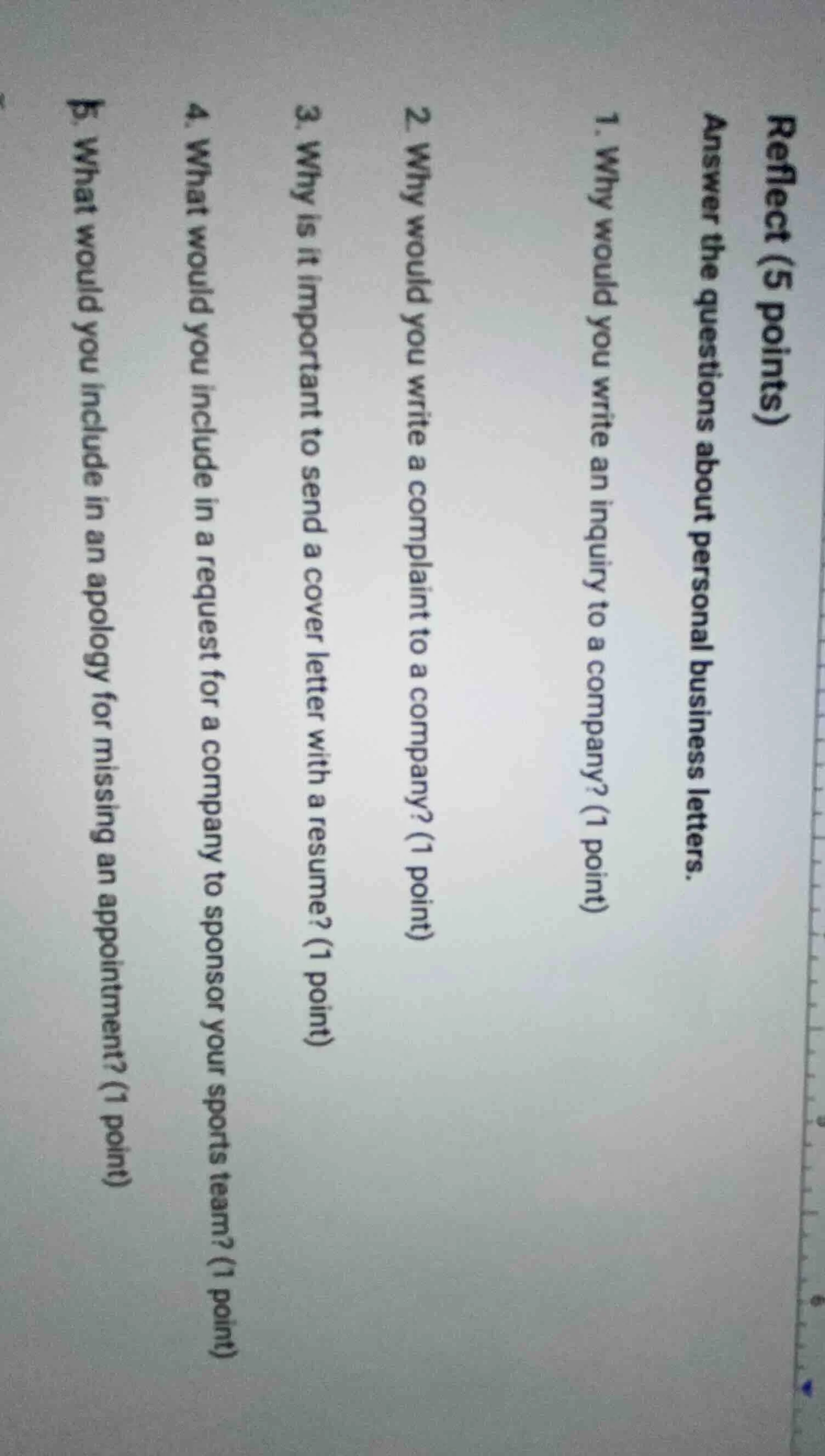 reflect (5 points) answer the questions about personal business letters…