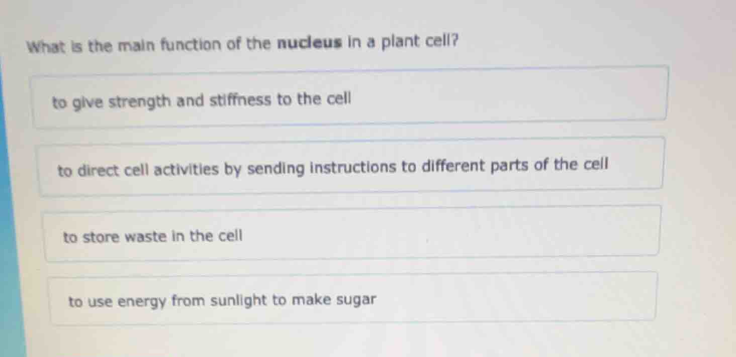 what is the main function of the nucleus in a plant cell? to give stren…