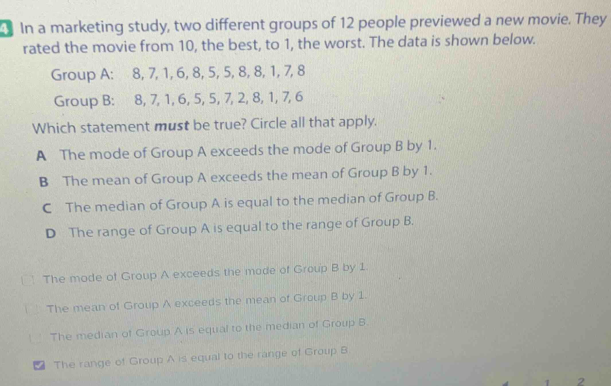 4 in a marketing study, two different groups of 12 people previewed a n…