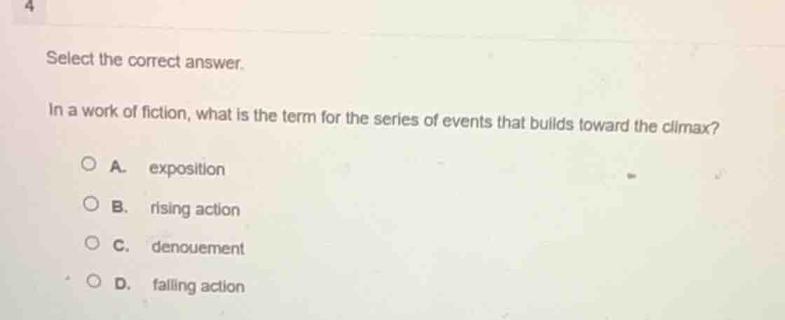 select the correct answer. in a work of fiction, what is the term for t…