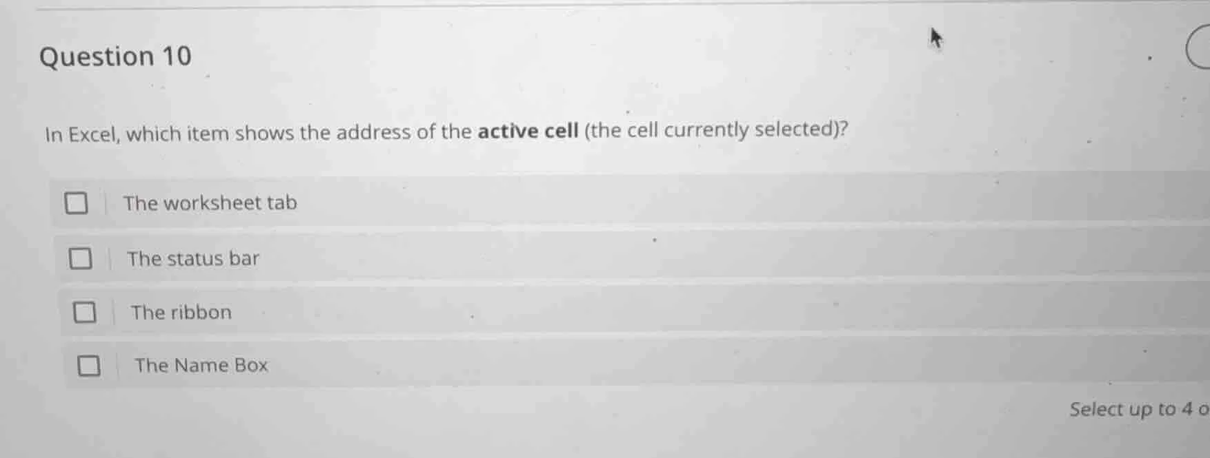 question 10 in excel, which item shows the address of the active cell (…