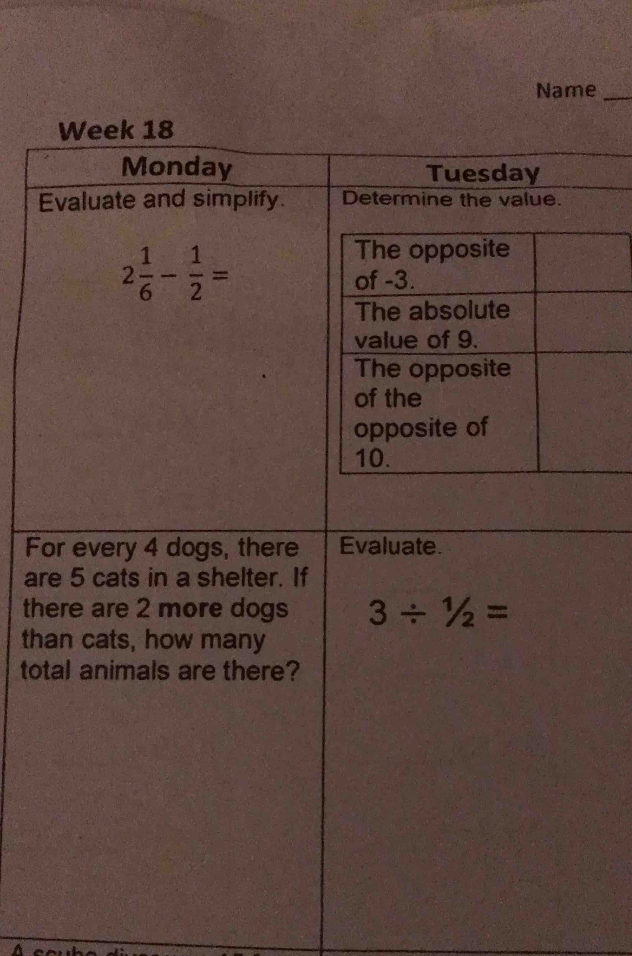 week 18 monday evaluate and simplify. $2\\frac{1}{6} - \\frac{1}{2} =$ …