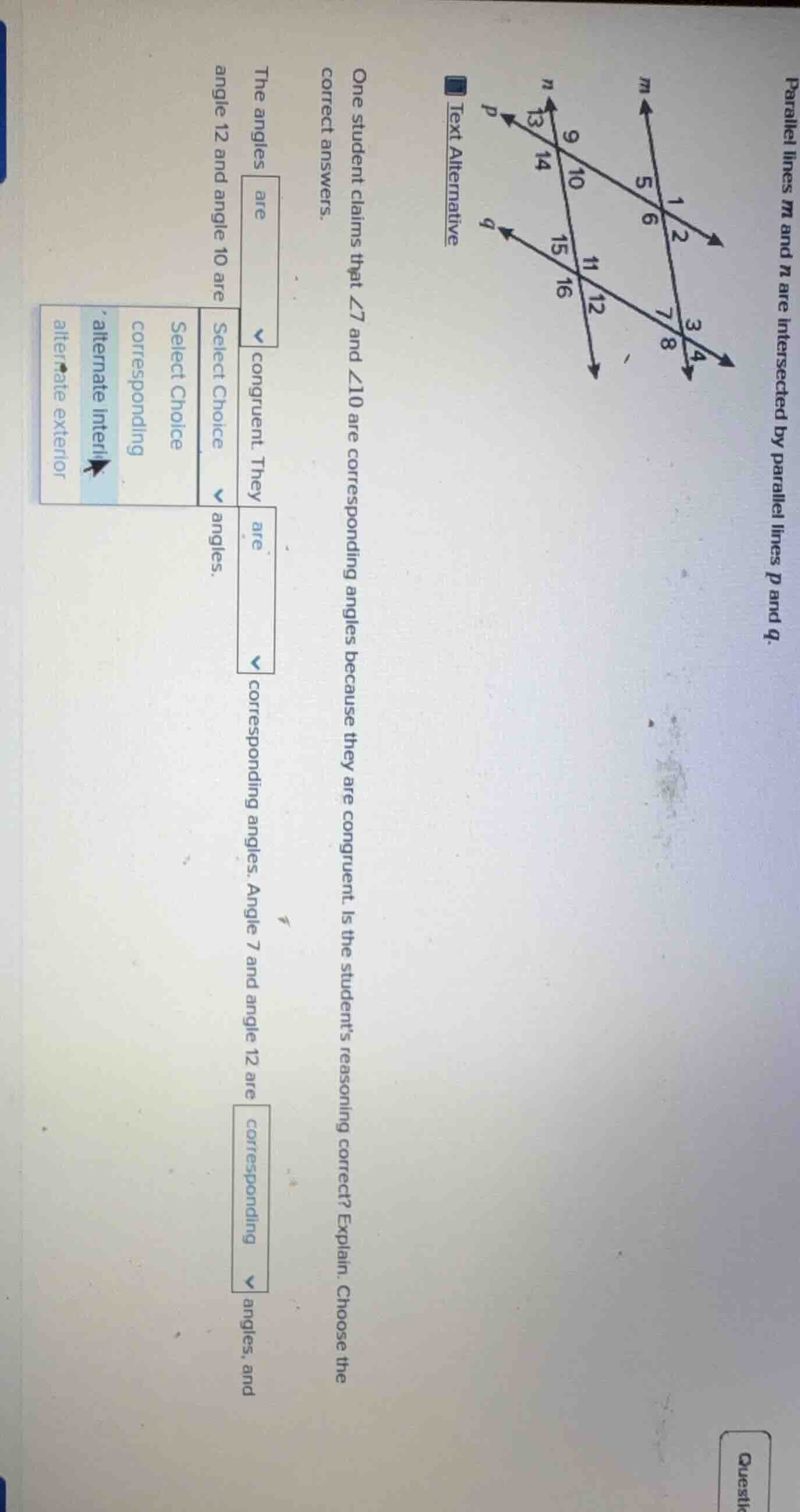 parallel lines m and n are intersected by parallel lines p and q. one s…