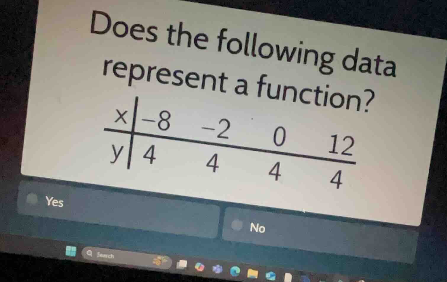 does the following data represent a function? x | -8 -2 0 12 y | 4 4 4 …