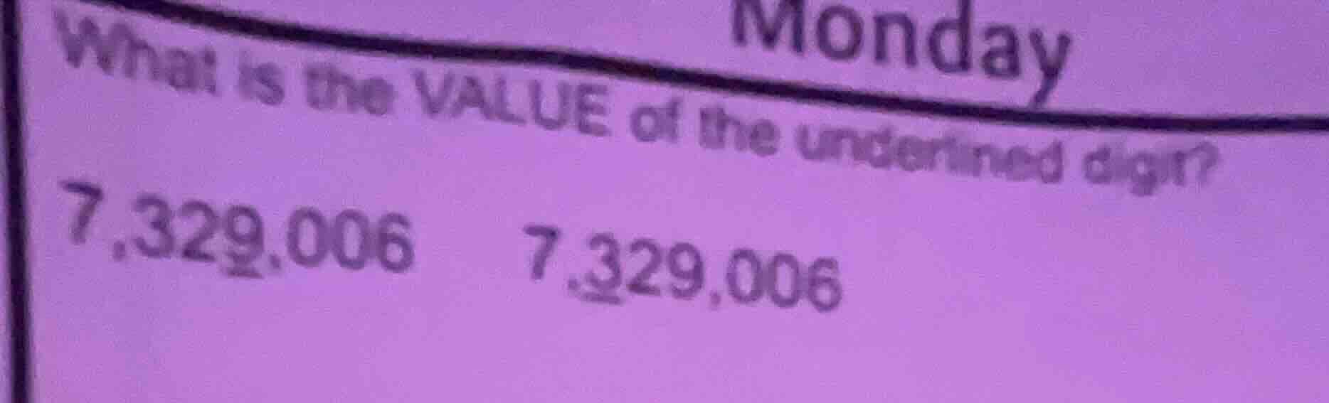 monday what is the value of the underlined digit? 7,329,006 7,329,006