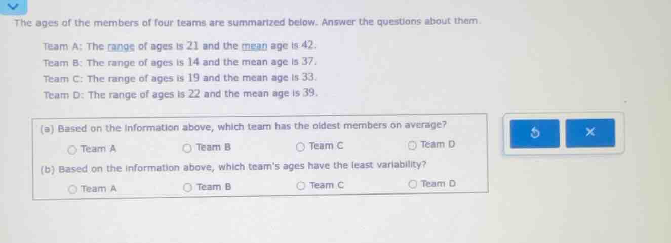 the ages of the members of four teams are summarized below. answer the …