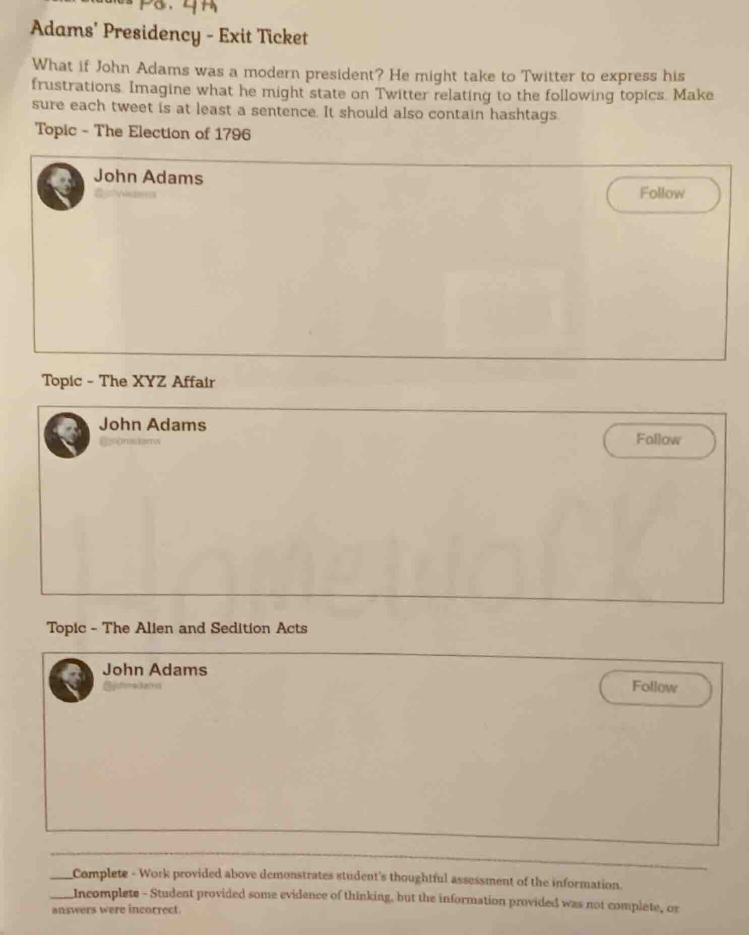 adams presidency - exit ticket what if john adams was a modern presiden…