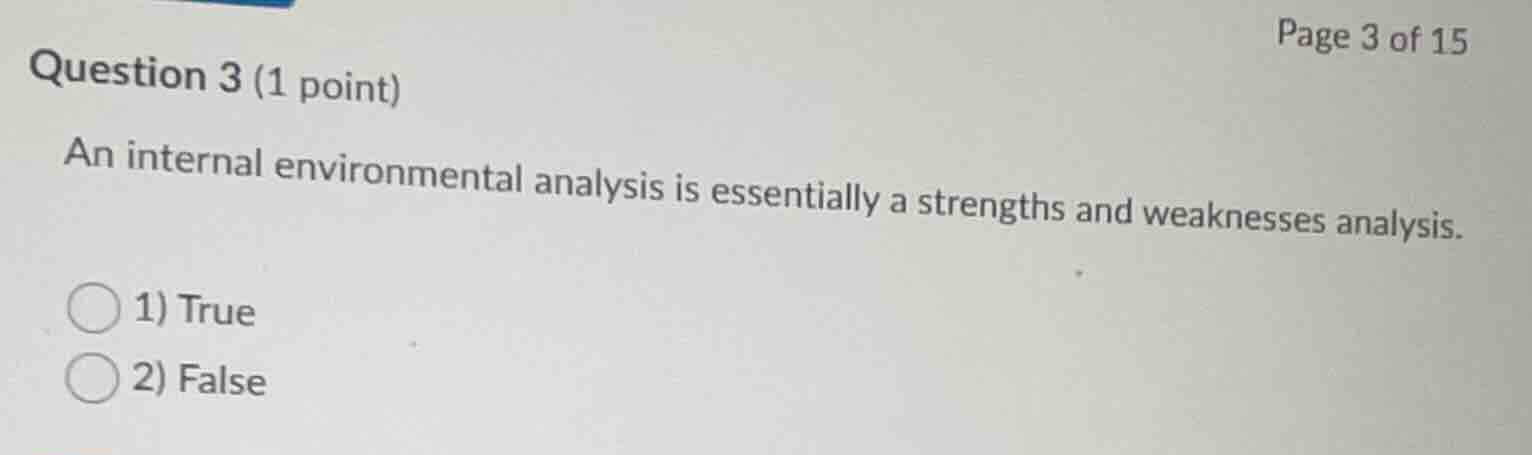 question 3 (1 point) an internal environmental analysis is essentially …