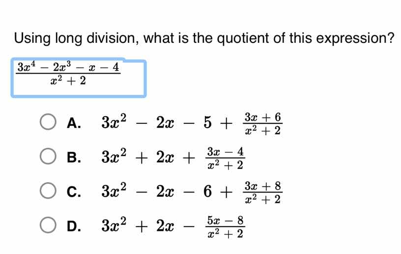using long division, what is the quotient of this expression?\\(dfrac{3…