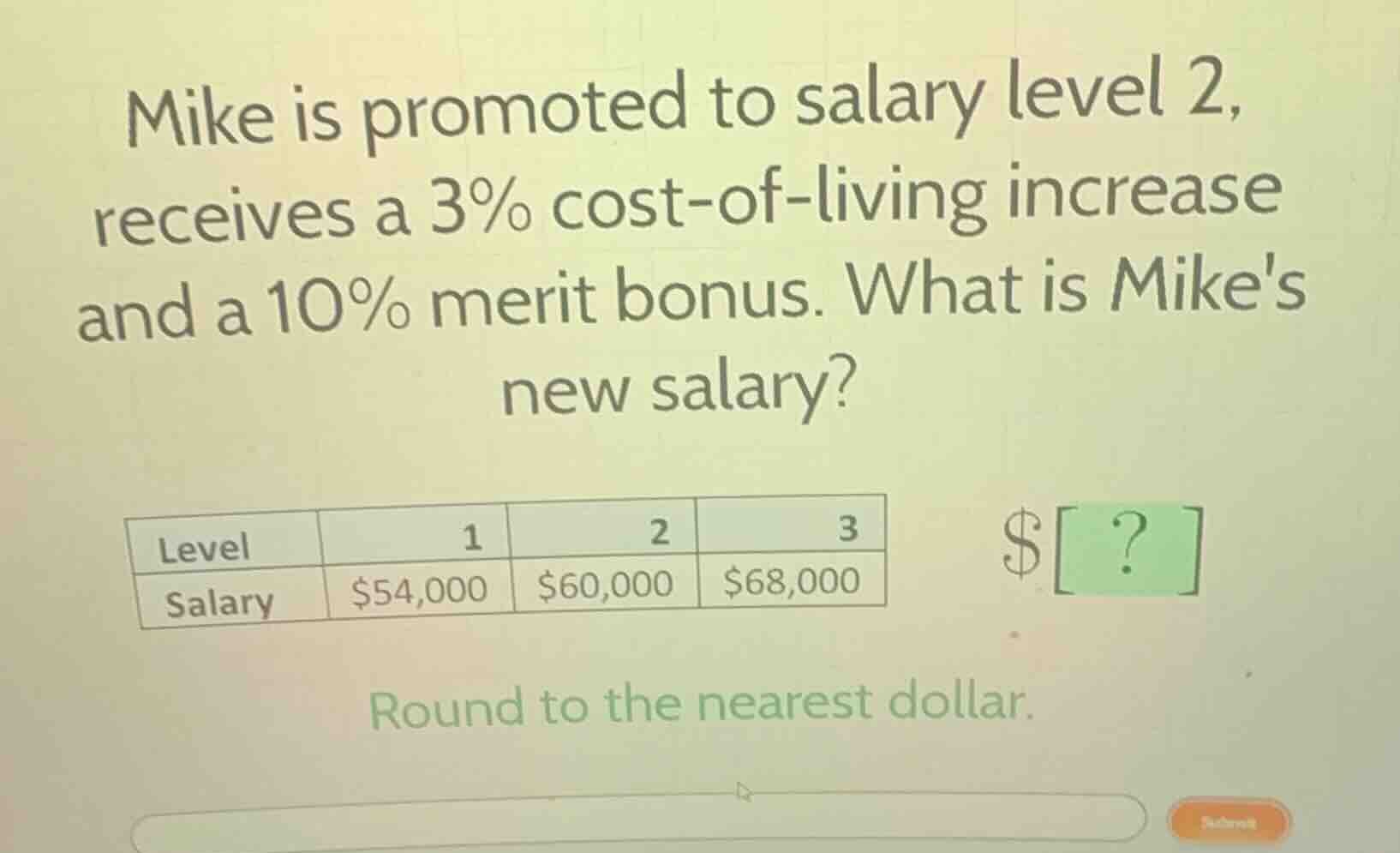 mike is promoted to salary level 2, receives a 3% cost-of-living increa…