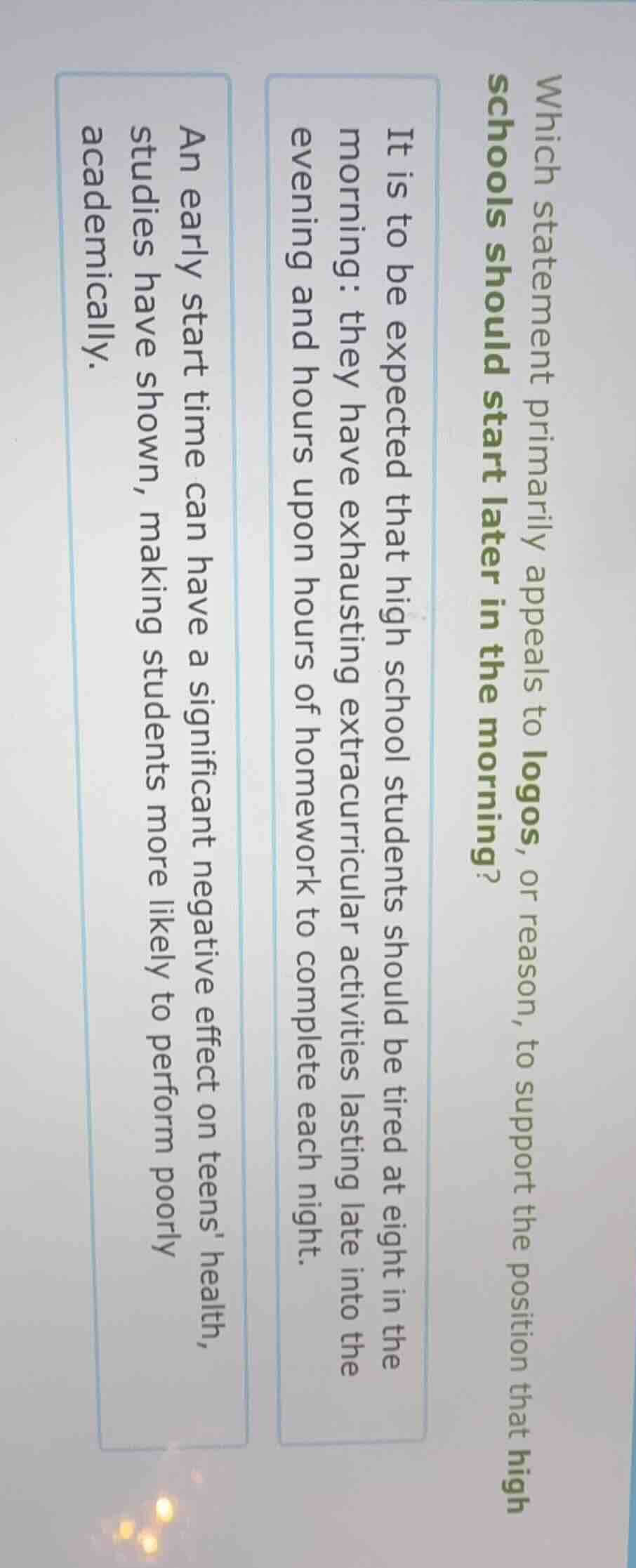 which statement primarily appeals to logos, or reason, to support the p…