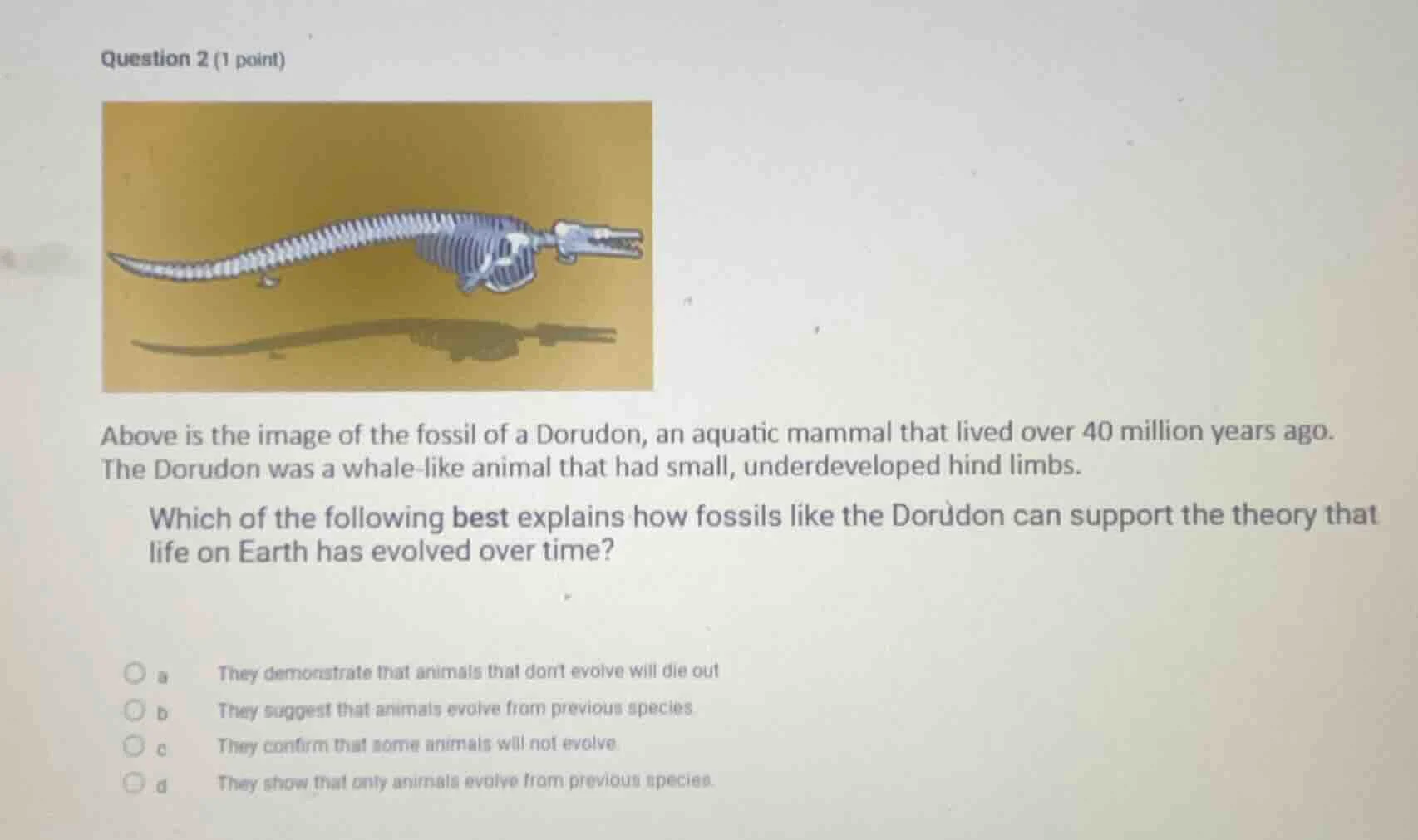 question 2 (1 point) above is the image of the fossil of a dorudon, an …