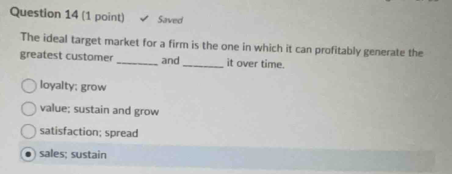 question 14 (1 point) ✓ saved the ideal target market for a firm is the…