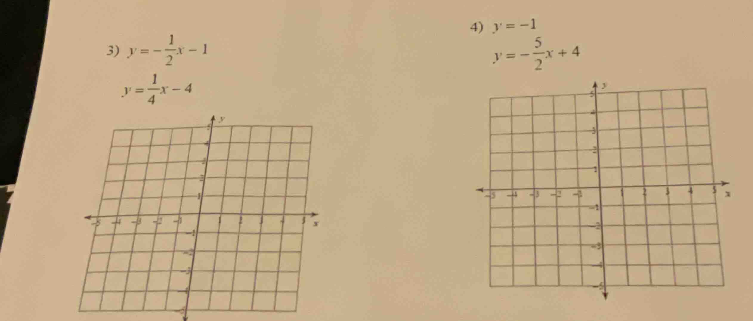 3) $y = -\frac{1}{2}x - 1$ $y = \frac{1}{4}x - 4$ 4) $y = -1$ $y = -\fr…