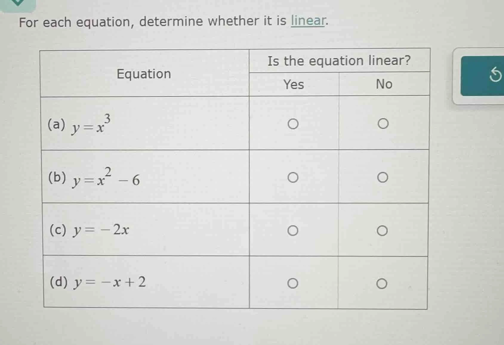 for each equation, determine whether it is linear. | equation | is the …