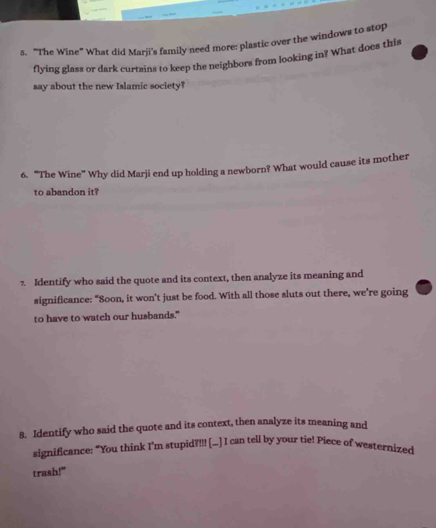 5. “the wine” what did marji’s family need more: plastic over the windo…