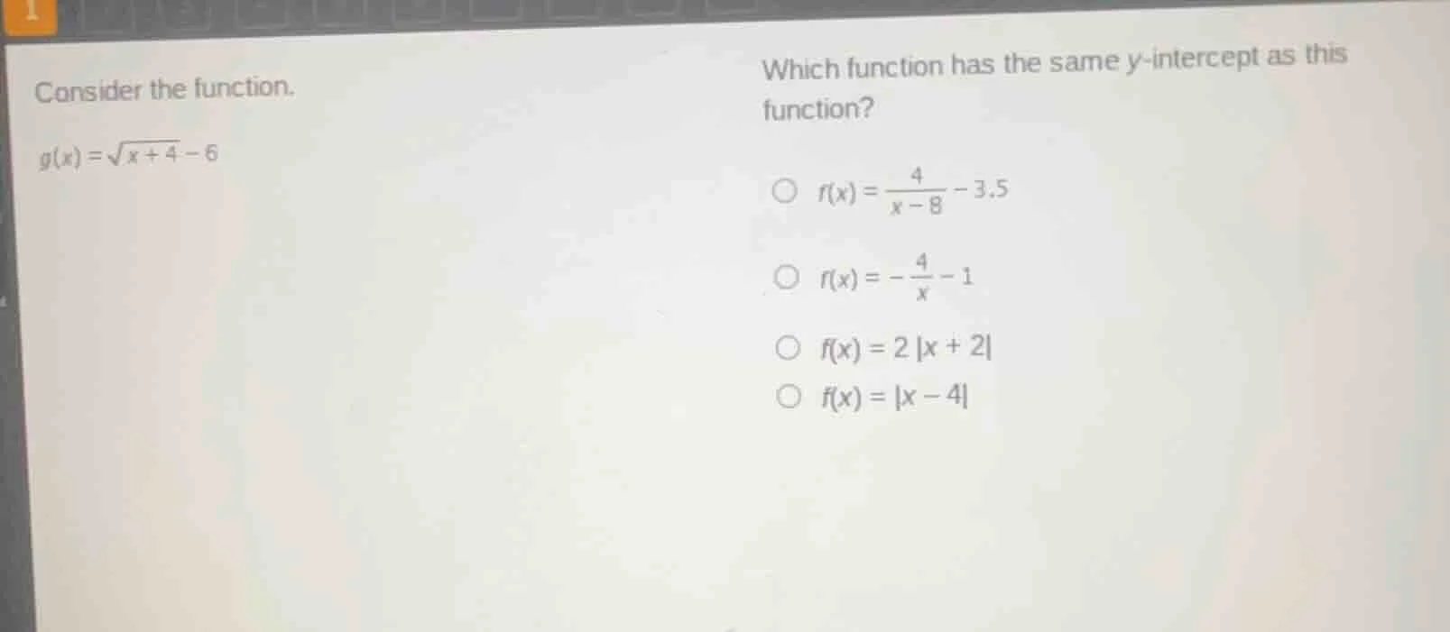 consider the function. g(x)=√(x + 4) - 6 which function has the same y …