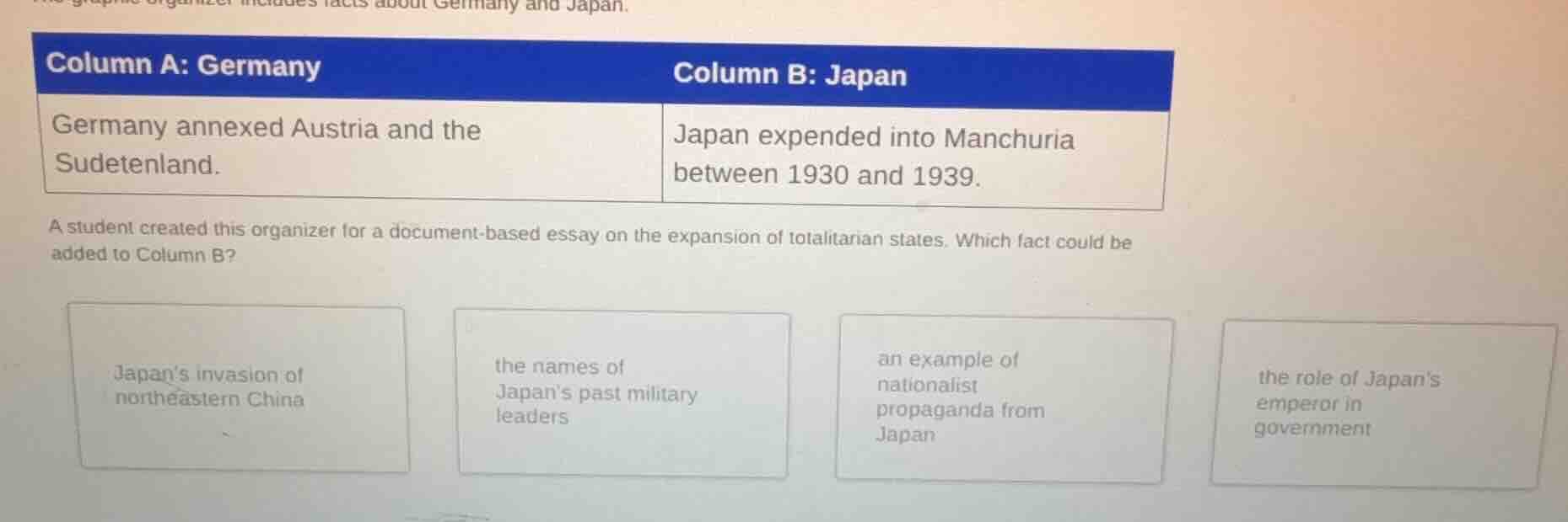 a graphic organizer includes facts about germany and japan. column a: g…