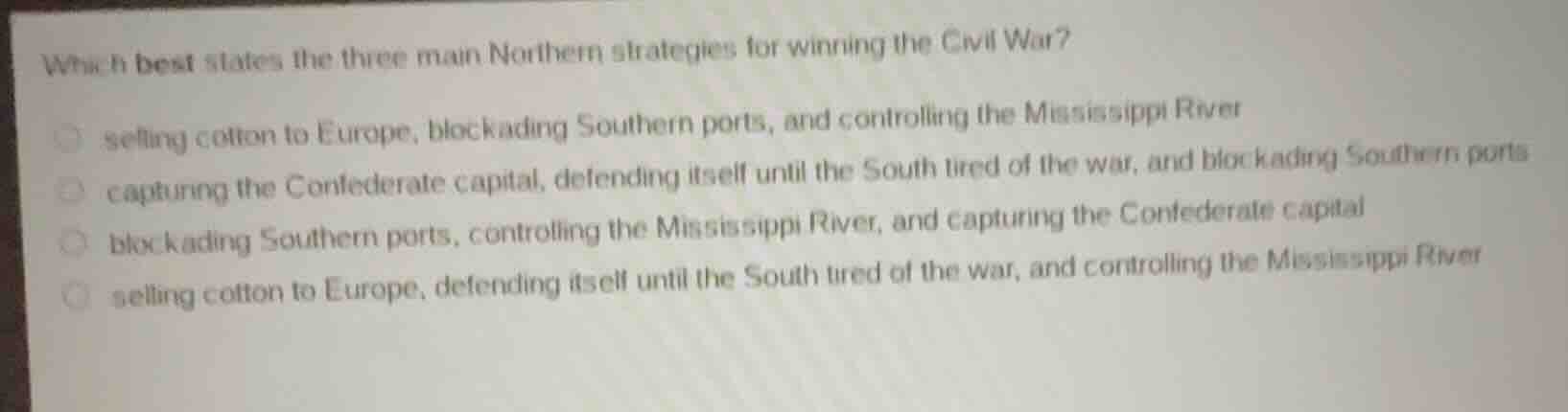 which best states the three main northern strategies for winning the ci…