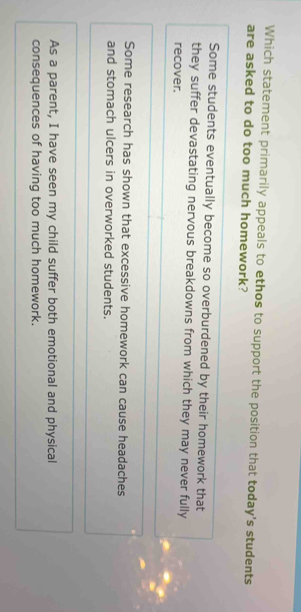 which statement primarily appeals to ethos to support the position that…