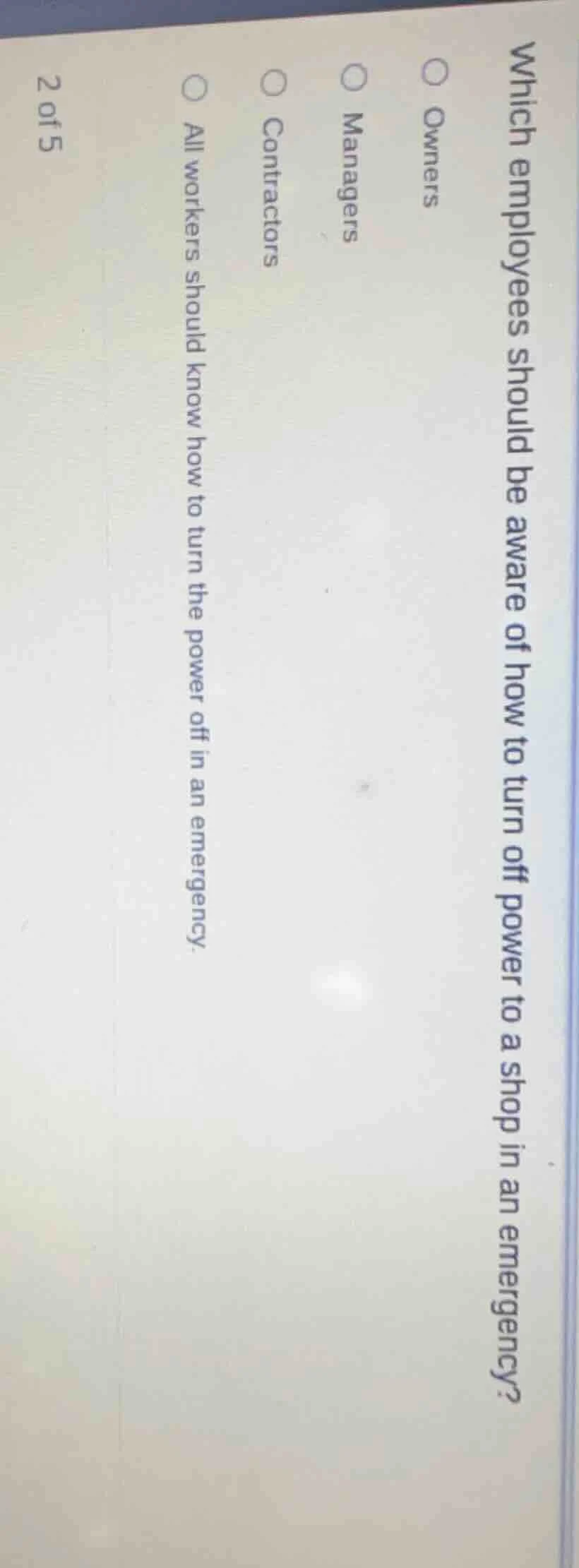 which employees should be aware of how to turn off power to a shop in a…