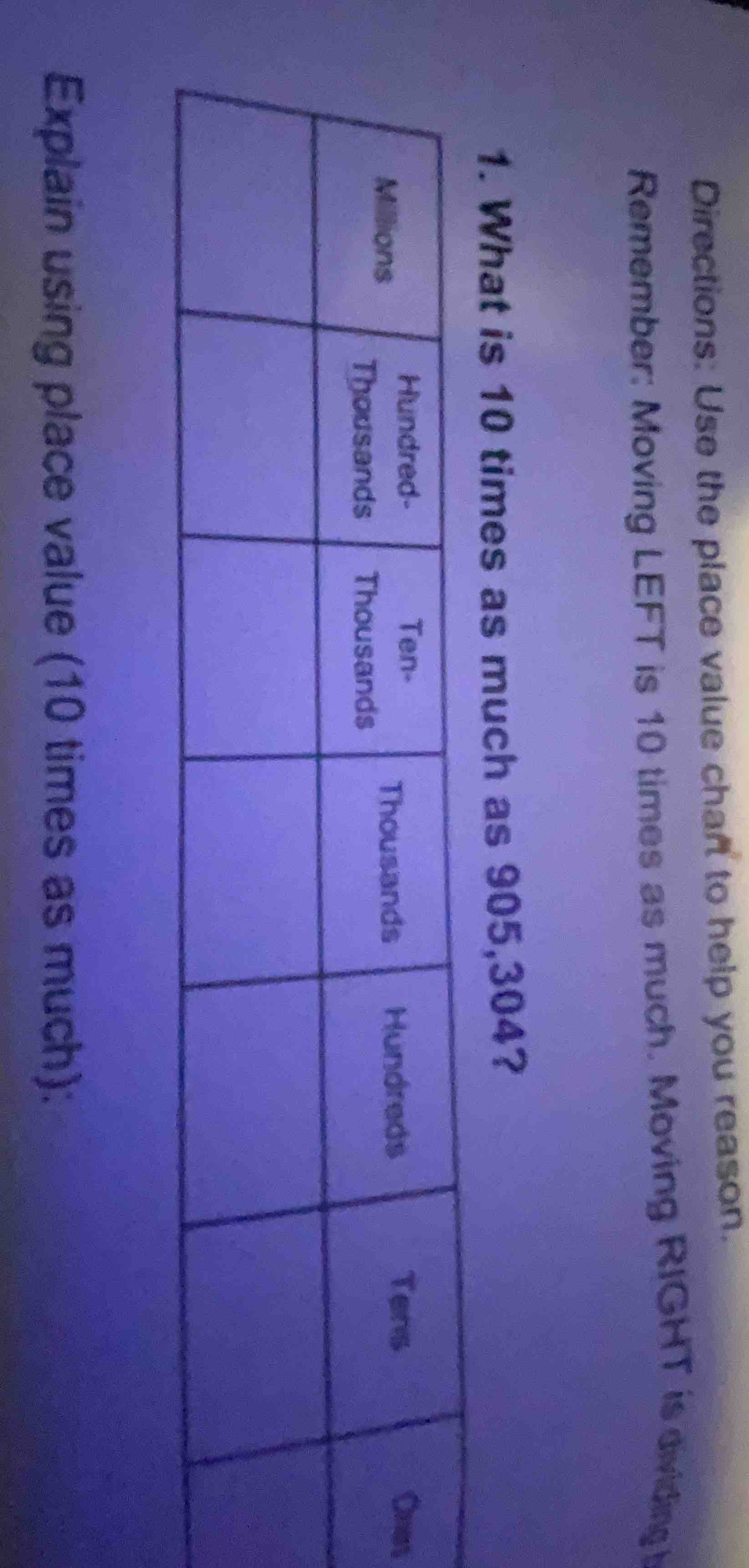 directions: use the place value chart to help you reason. remember: mov…