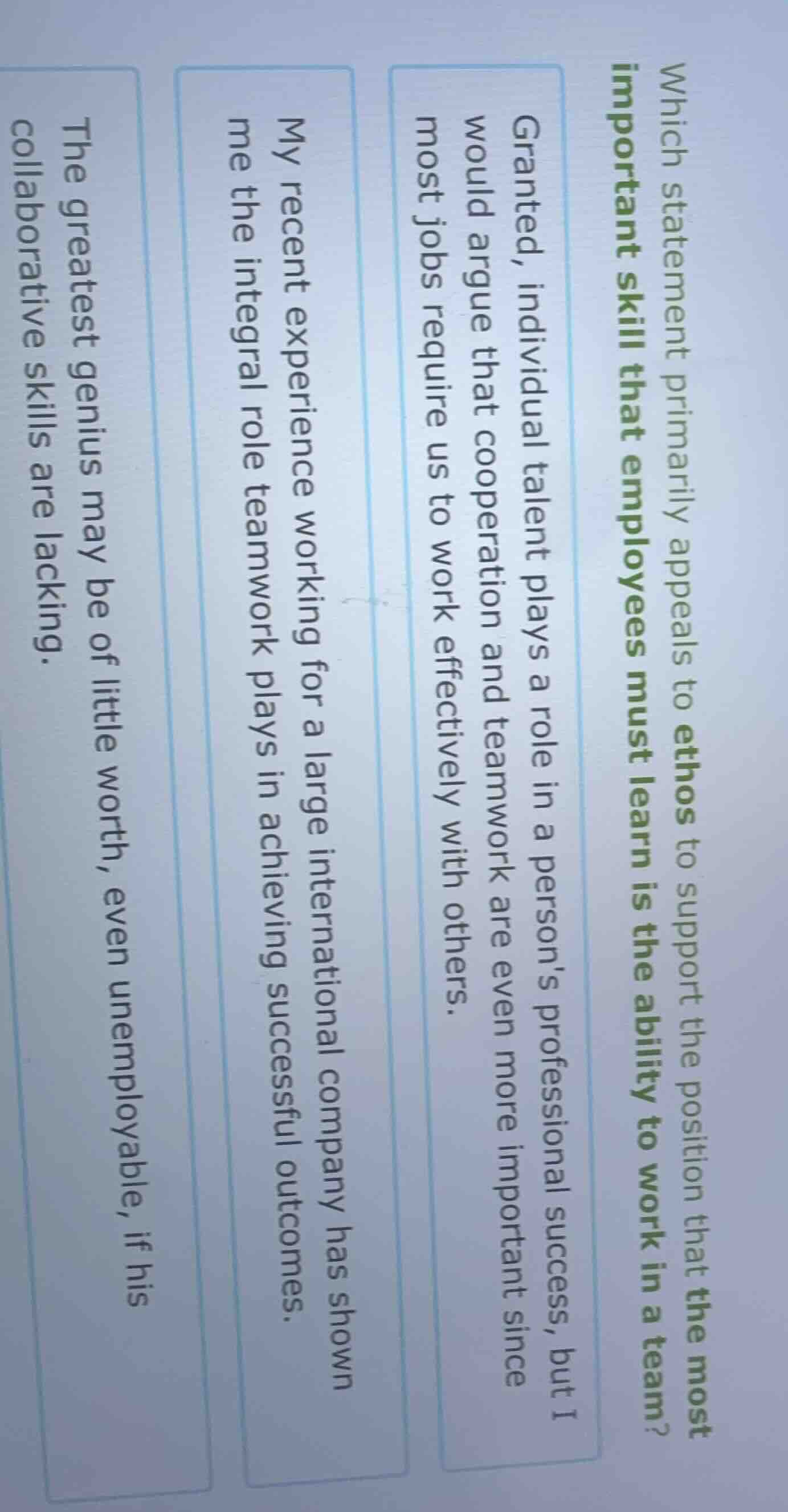 which statement primarily appeals to ethos to support the position that…