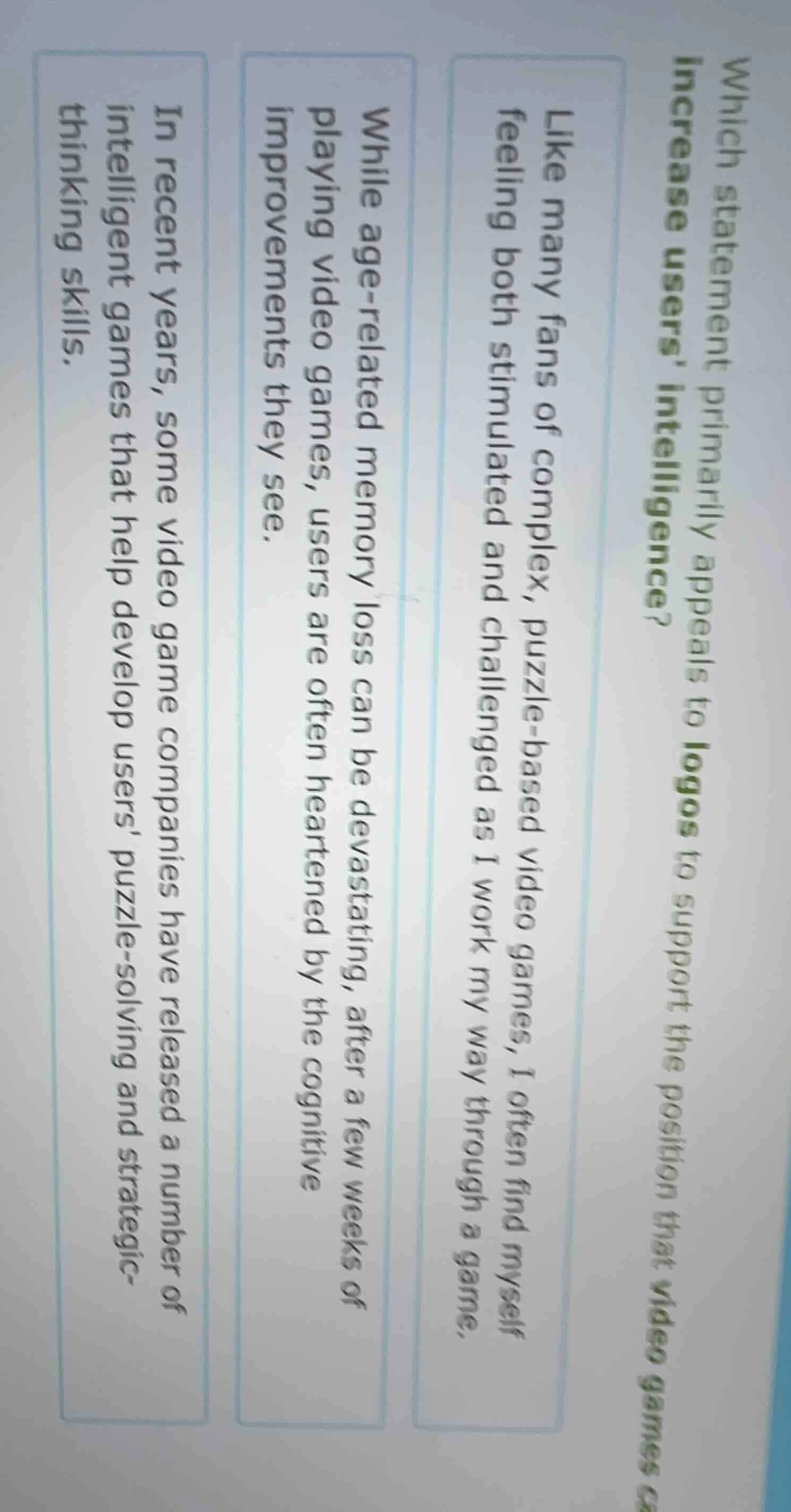 which statement primarily appeals to logos to support the position that…