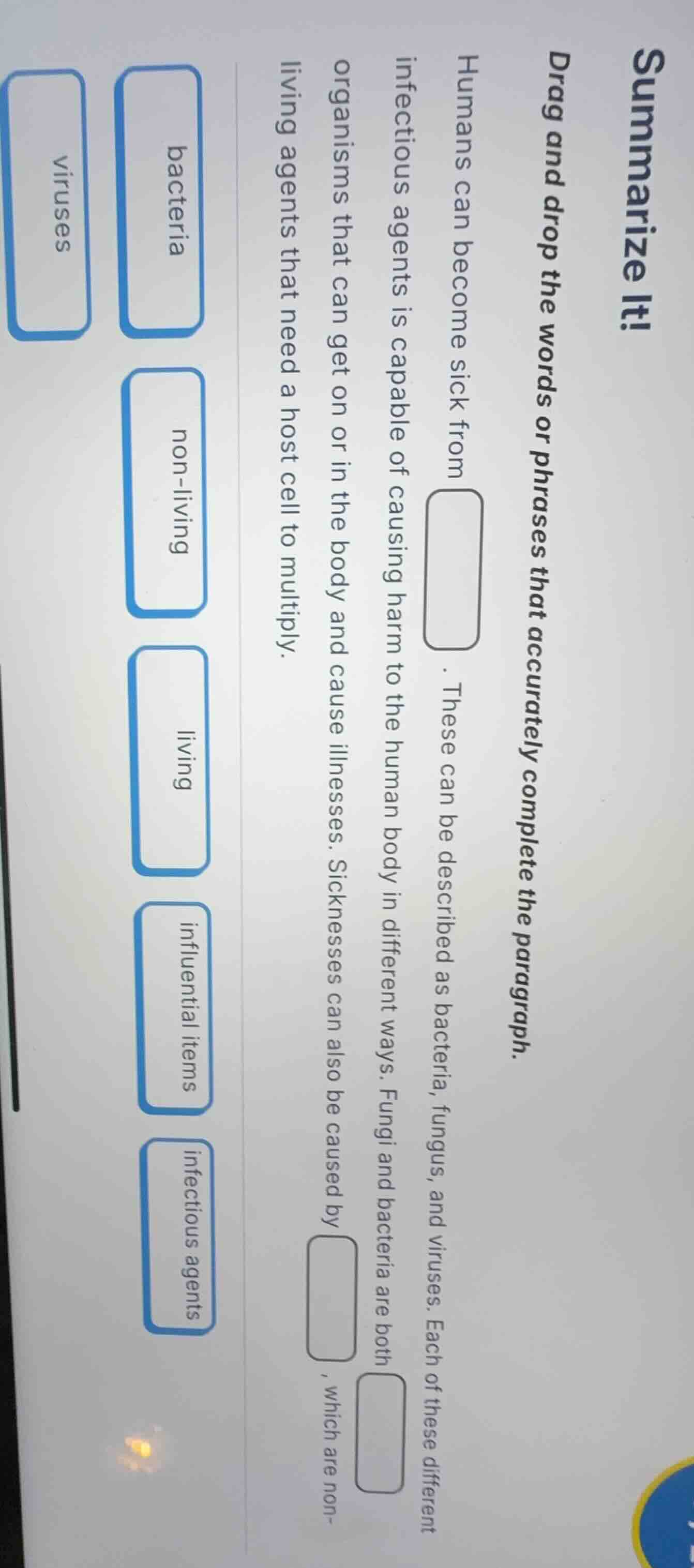 summarize it! drag and drop the words or phrases that accurately comple…