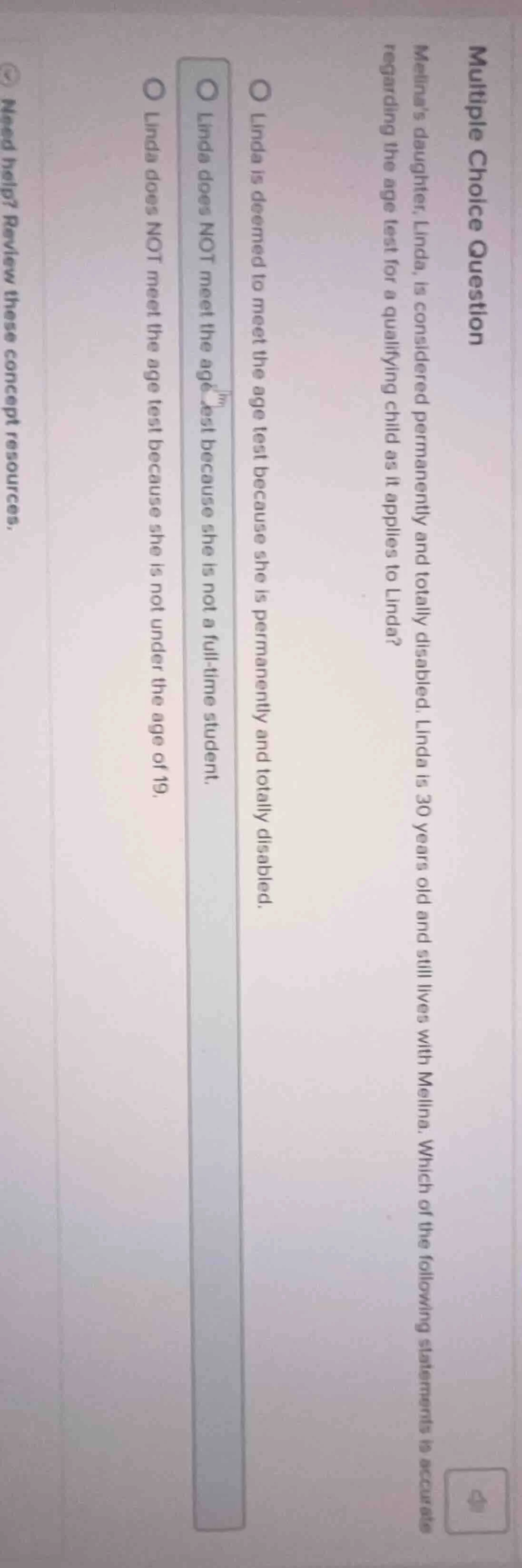 multiple choice question melina’s daughter, linda, is considered perman…