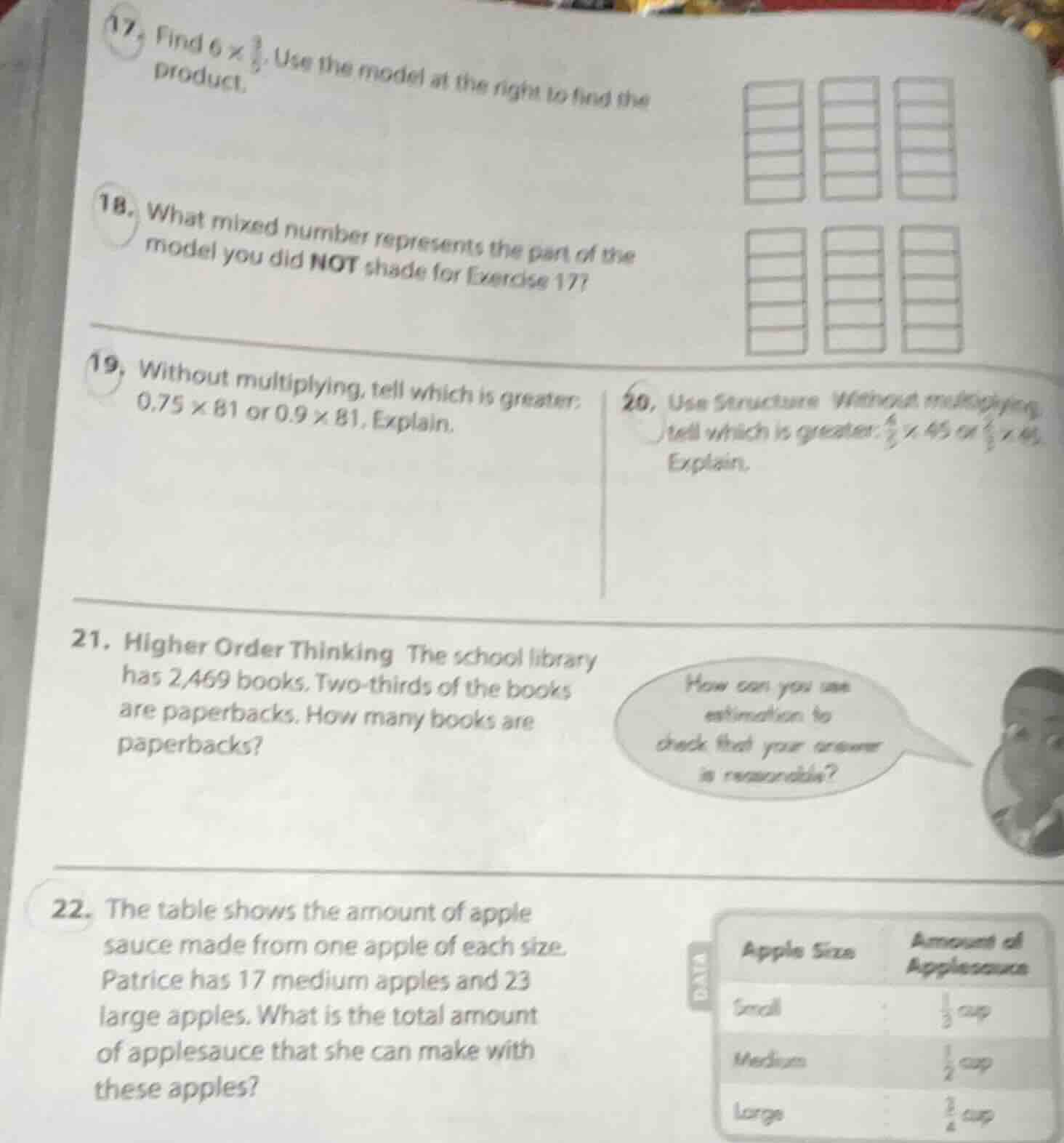 17. find ( 6 \times \frac{3}{5} ). use the model at the right to find t…