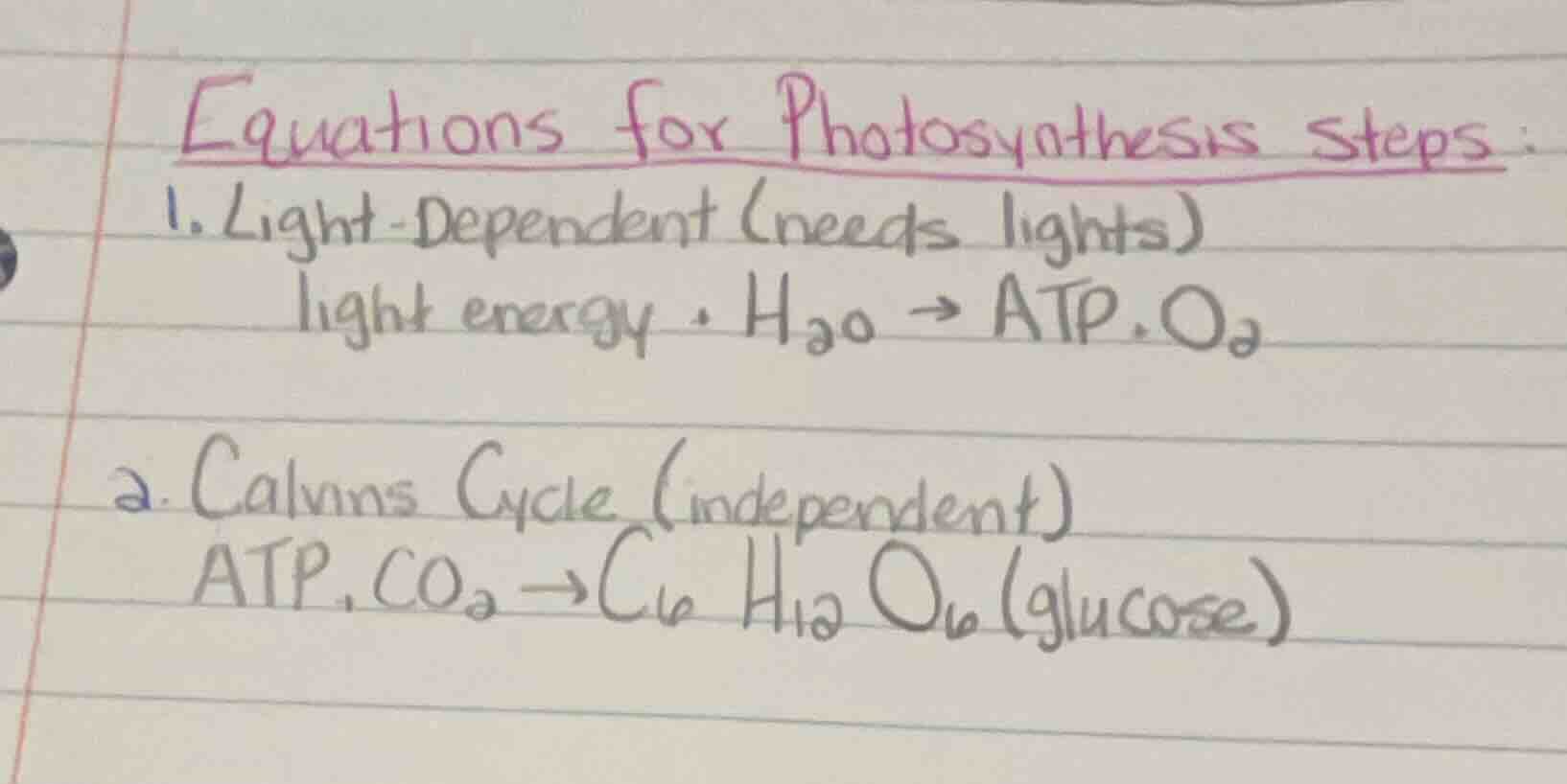 equations for photosynthesis steps : 1. light - dependent (needs lights…