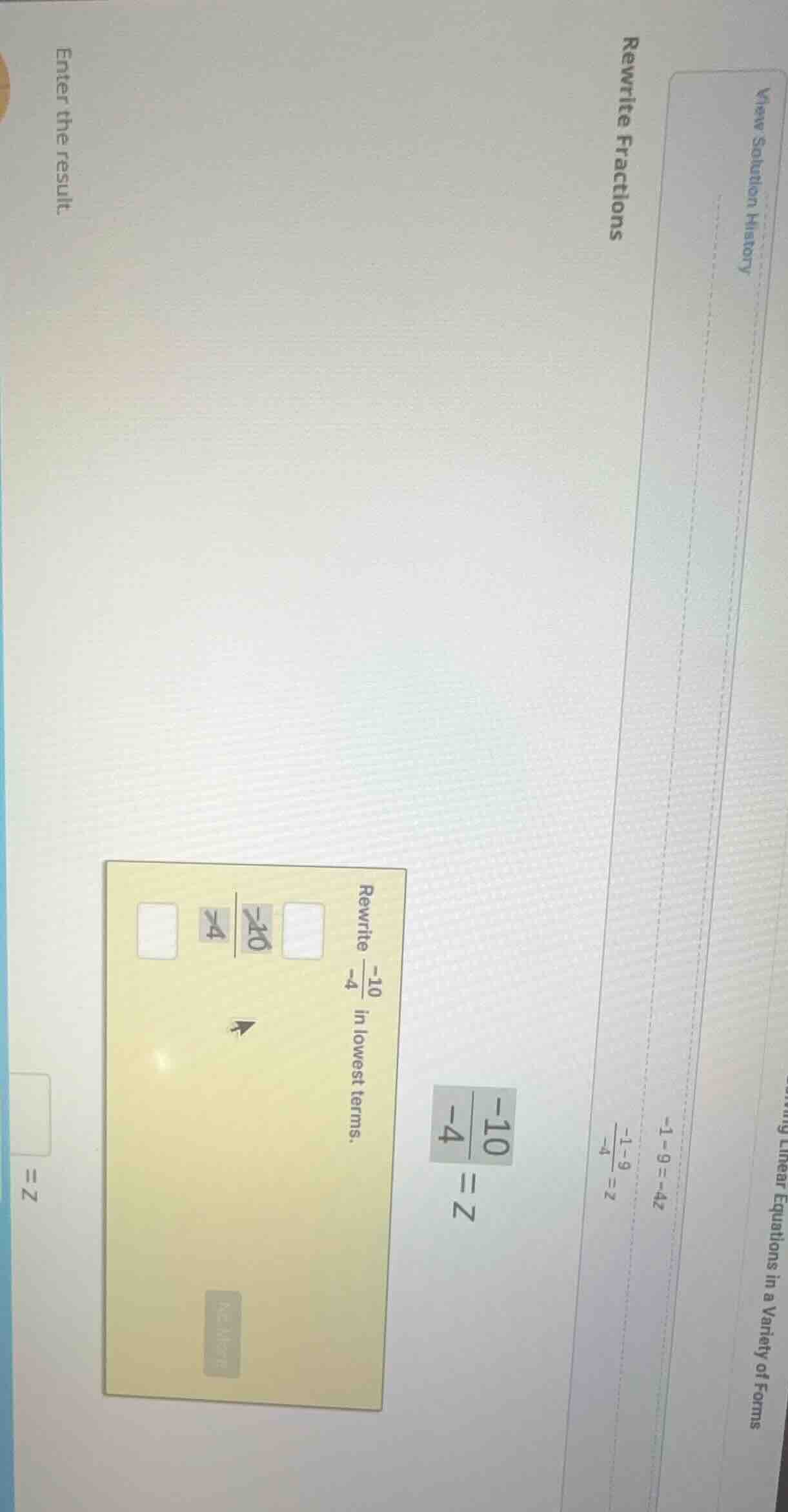 rewrite fractions rewrite \\(\\frac{-10}{-4}\\) in lowest terms. \\(\\f…