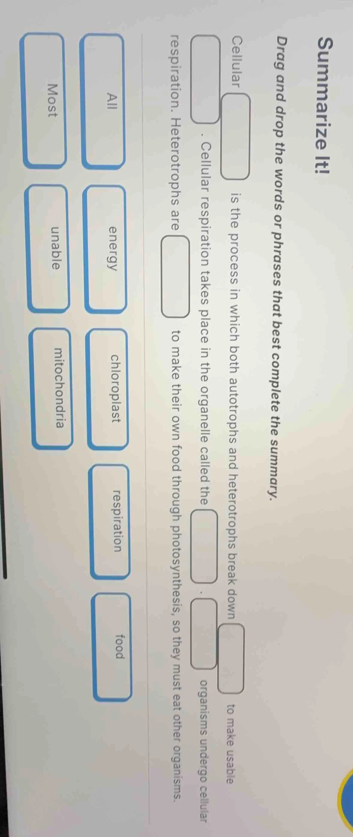 summarize it! drag and drop the words or phrases that best complete the…