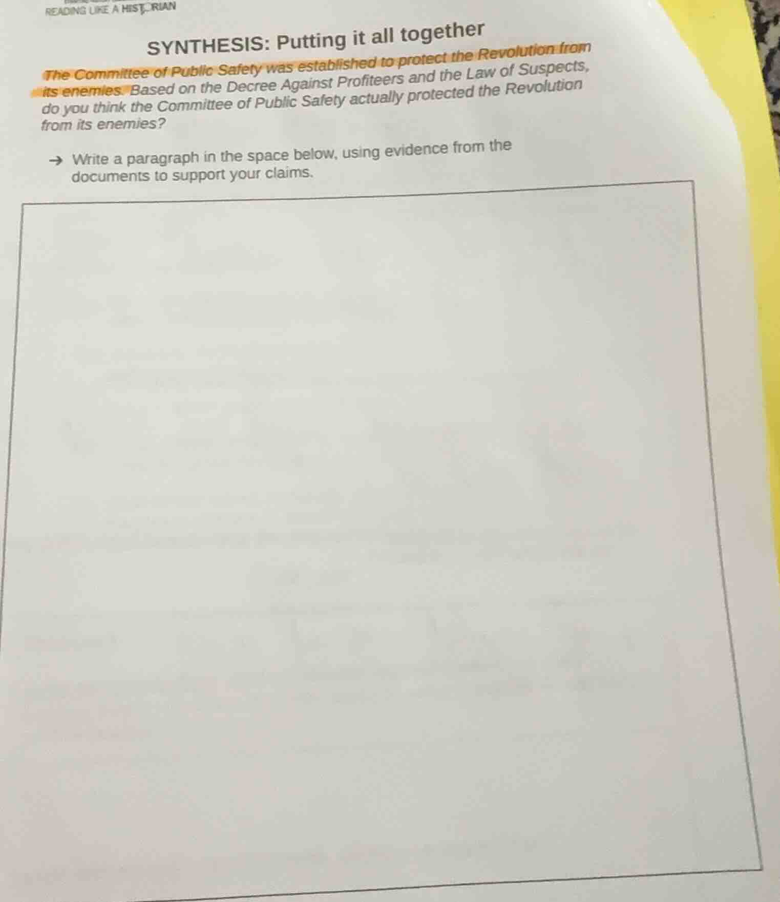 reading like a historian synthesis: putting it all together the committ…