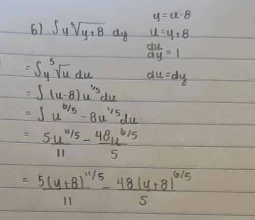 6) \\( \\int y^5 \\sqrt{y + 8} \\, dy \\)\ \\( u = y + 8 \\)\ \\( \\fra…