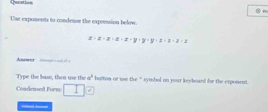 question use exponents to condense the expression below. $x\\cdot x\\cd…