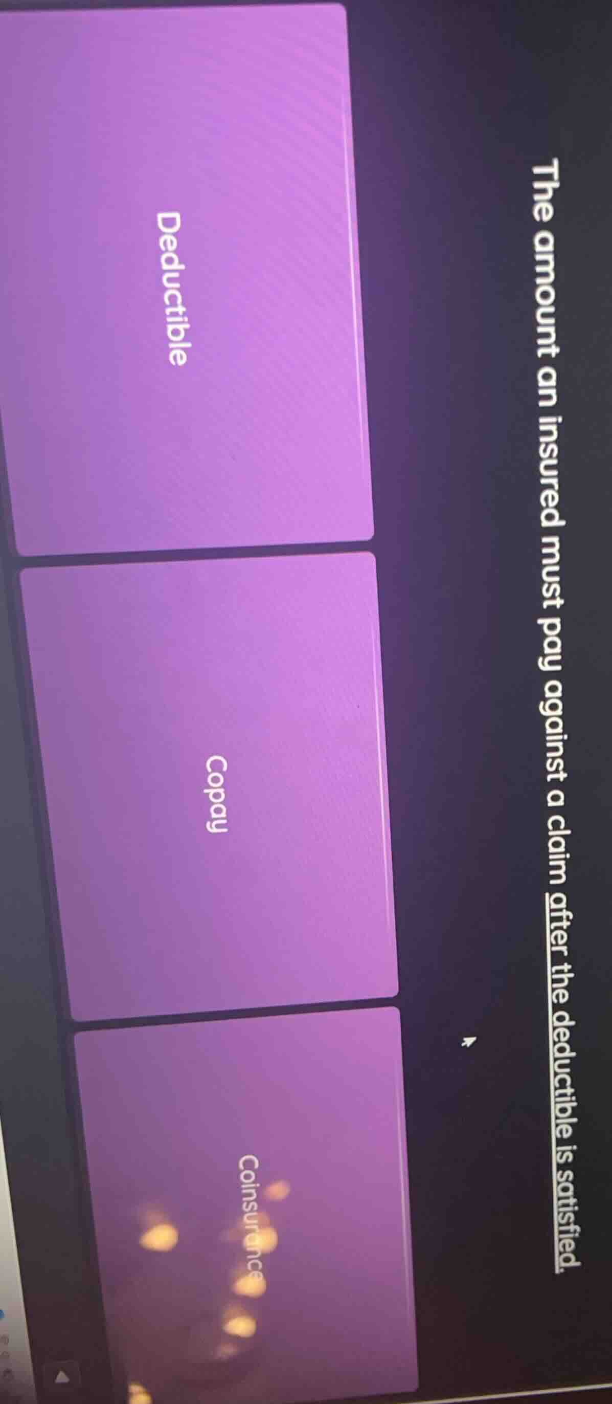 the amount an insured must pay against a claim after the deductible is …