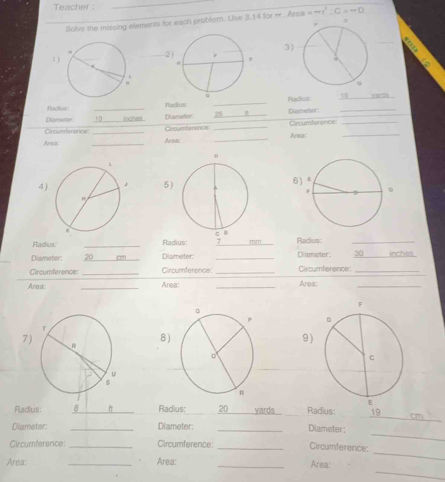 teacher : solve the missing elements for each problem. use 3.14 for π. …