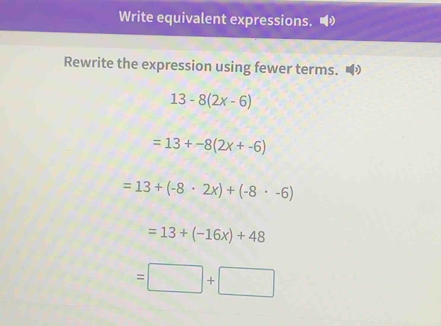 write equivalent expressions. rewrite the expression using fewer terms.…