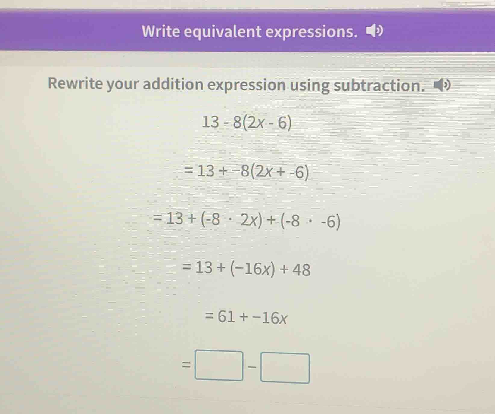 write equivalent expressions. rewrite your addition expression using su…