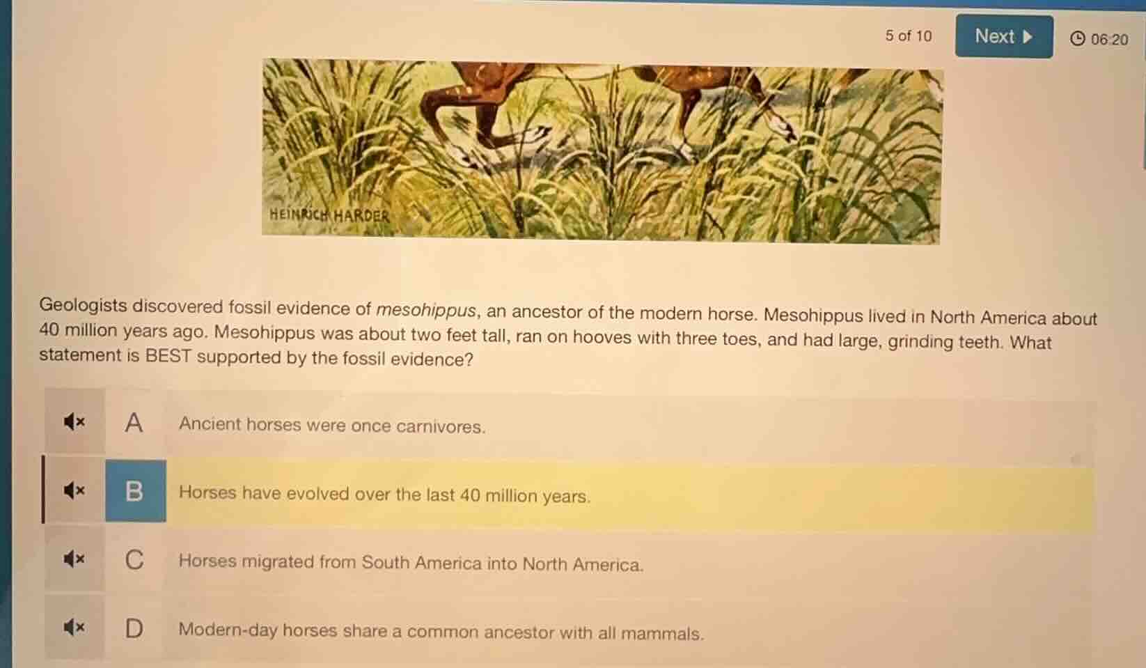 geologists discovered fossil evidence of mesohippus, an ancestor of the…